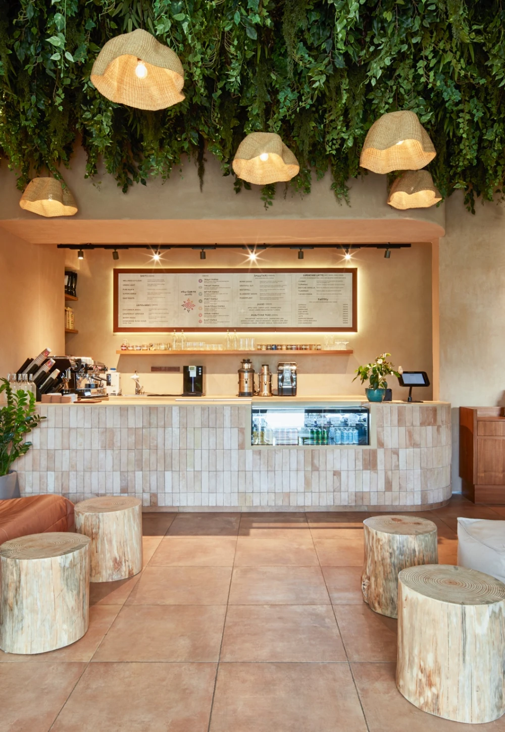 faux hanging plants in cafe