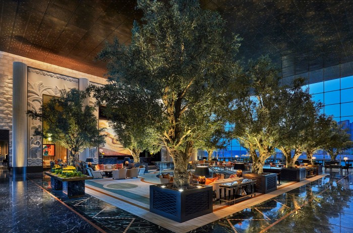 Bespoke artificial olive trees positioned at the Four Seasons Hotel, Bahrain.