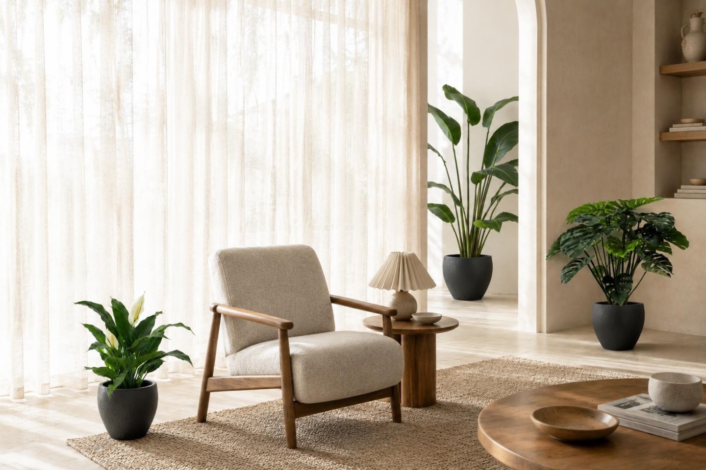 Das Bild zeigt einen hellen, modernen Büroraum, der mit verschiedenen Zimmerpflanzen geschmückt ist, darunter eine Monstera, eine Pa-Palme und eine Friedenslilie.